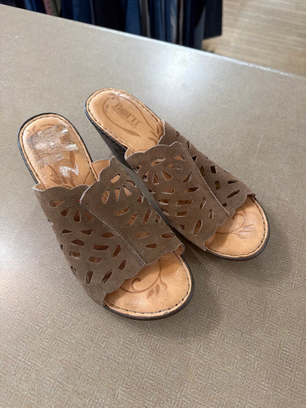 Born Brown Suede Wedge Sandals with Laser cut pattern size 7